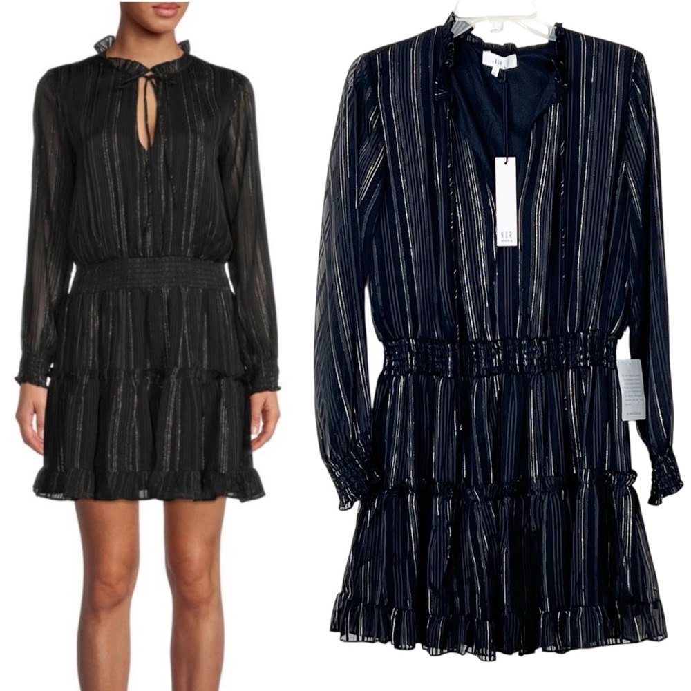 NSR Emma Smocked Tiered Dress Black Silver Metallic Long Sleeve Ruffle Large
